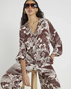 Brown Tropical Print Beach Shirt