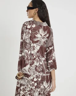 Brown Tropical Print Beach Shirt