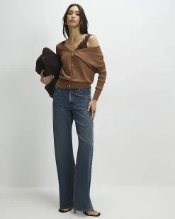 Brown V Neck Button Jumper