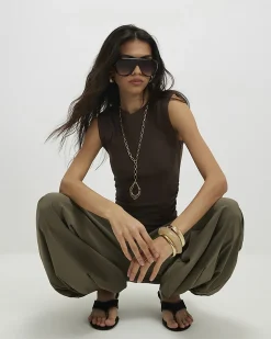 Brown Wide Cuff Fitted Tank Top