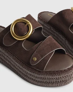 Brown Wide Fit Buckle Strap Wedge Sandals