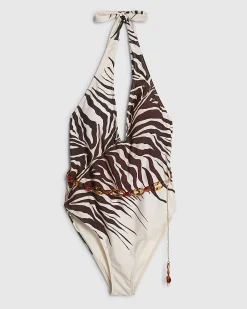 Cream Animal Print Plunge Neck Swimsuit