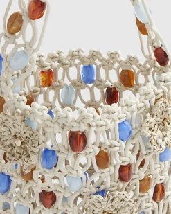 Cream Beaded 3D Flower Rope Bag
