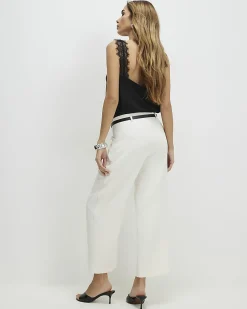Cream Belted Cropped Wide Leg Trousers