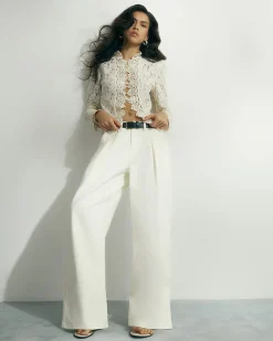 Cream Belted Pleated Wide Leg Jeans