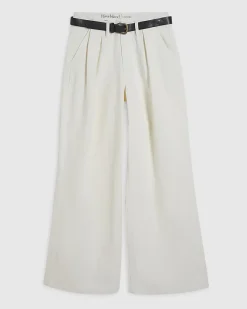 Cream Belted Pleated Wide Leg Jeans