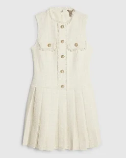 Cream Boucle Pleated Hem Mini Dress