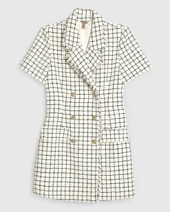 Cream Boucle Short Sleeve Check Mini Dress