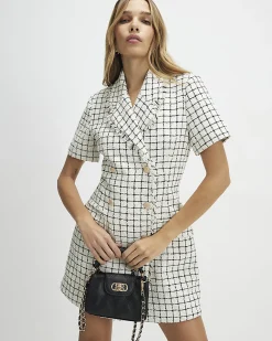 Cream Boucle Short Sleeve Check Mini Dress