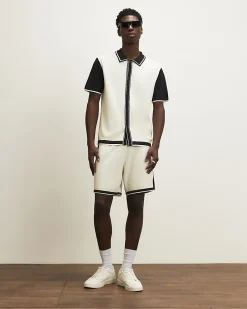 Cream Colour Block Knitted Shorts