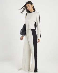 Cream Colour Block Wide Leg Trousers