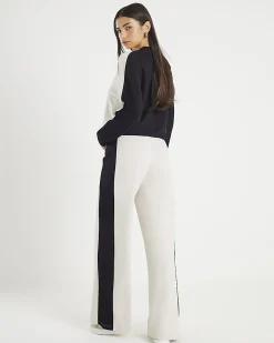 Cream Colour Block Wide Leg Trousers
