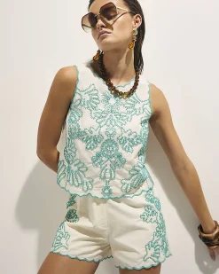 Cream Cotton Blend Embroidered Tank Top