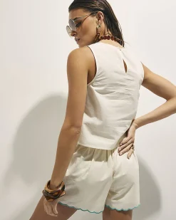 Cream Cotton Blend Embroidered Tank Top