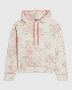 Cream Cotton blend Floral Hoodie