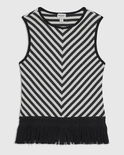 Cream Cotton blend Fringed Stripe Tank Top