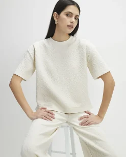 Cream Cotton blend Jacquard Texture T-Shirt