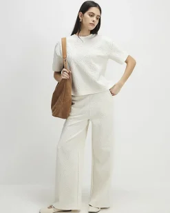 Cream Cotton blend Jacquard Texture T-Shirt