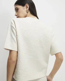 Cream Cotton blend Jacquard Texture T-Shirt