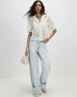 Cream Cotton Blend Lace Short Sleeve Shirt