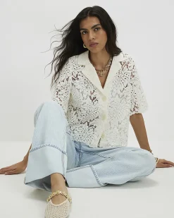 Cream Cotton Blend Lace Short Sleeve Shirt