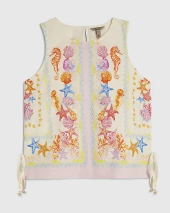 Cream Cotton Blend Sea Print Tank Top