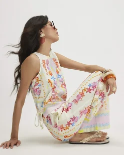 Cream Cotton Blend Sea Print Tank Top