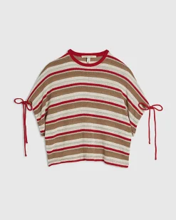 Cream Cotton Blend Striped Knitted T-Shirt