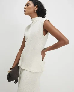 Cream Cotton Blend Textured Grown On Neck Top