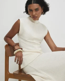 Cream Cotton Blend Textured Grown On Neck Top