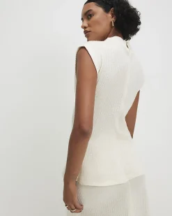 Cream Cotton Blend Textured Grown On Neck Top