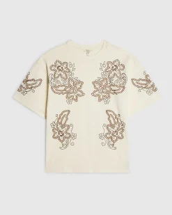 Cream Cotton Floral Embroidered T-Shirt