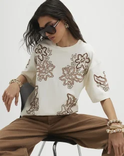 Cream Cotton Floral Embroidered T-Shirt