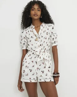Cream Cotton Floral Textured Playsuit