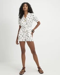 Cream Cotton Floral Textured Playsuit
