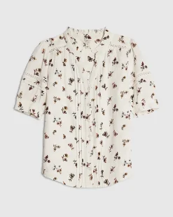 Cream Cotton Floral Textured Pintuck Blouse
