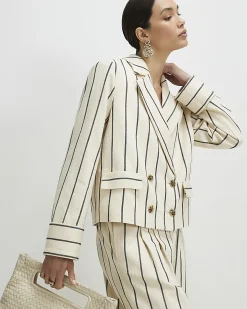 Cream Cotton Long Sleeve Striped Blazer