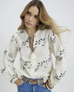 Cream Cotton Long Sleeve Embroidered Blouse
