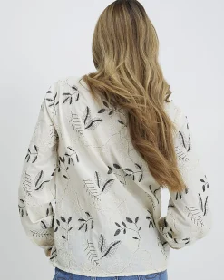 Cream Cotton Long Sleeve Embroidered Blouse