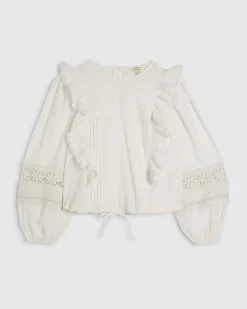 Cream Cotton Long Sleeve Ruffle Blouse