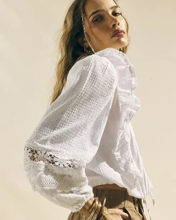 Cream Cotton Long Sleeve Ruffle Blouse