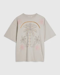 Cream Cotton Neon Palm Cutwork T-Shirt
