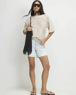 Cream Cotton Neon Palm Cutwork T-Shirt