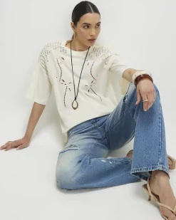 Cream Cotton Palm Broderie T-shirt