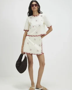 Cream Cotton Shell Flower Top and Skirt Set