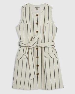 Cream Cotton Striped Tie Waist Mini Dress