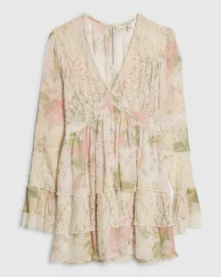 Cream Cutwork Lace Print Mini Dress