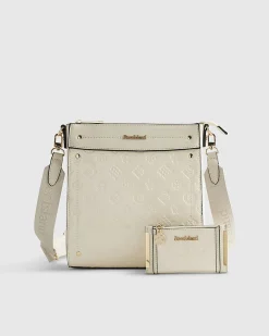 Cream Embossed Monogram Messenger Bag Bundle