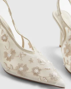 Cream Embroidered Mesh Court Heels