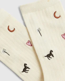 Cream Embroidered Rodeo Socks